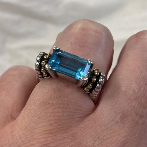 Lagos Blue Topaz Caviar Sterling Silver & 18K Yellow Gold Ring Size 7 - Picture 12 of 16